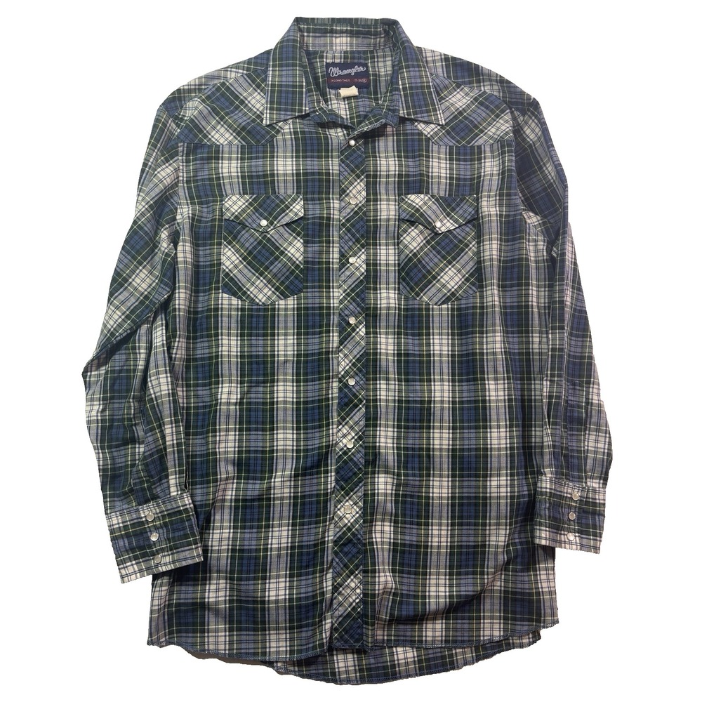 vintage mens green blue white plaid Wrangler Western Pearl‎ Snap shirt XL 17 36